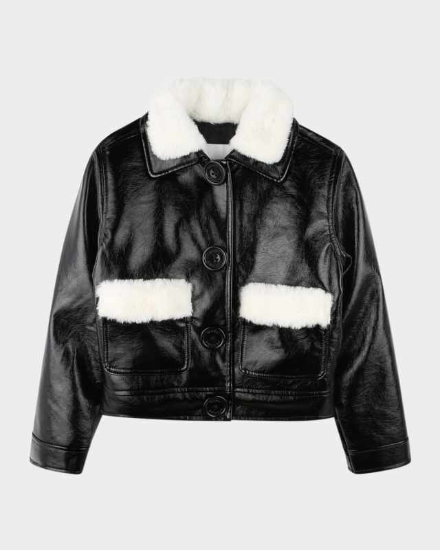 Girl's Faux Leather Bomber Jacket with Teddy Trim, Size 4-